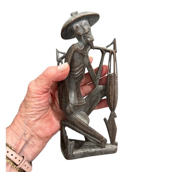 Vintage Hand Carved Solid Wood Smiling Old Man  Vendor - Picture 8 of 10